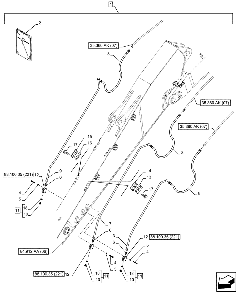 Схема запчастей Case CX350D LC - (88.100.35[220]) - DIA KIT, CLAMSHELL BUCKET, ROTATION, W/ ELECTRICAL PROPORTIONAL CONTROL, LINE, ARM (L=4.0M) (88) - ACCESSORIES