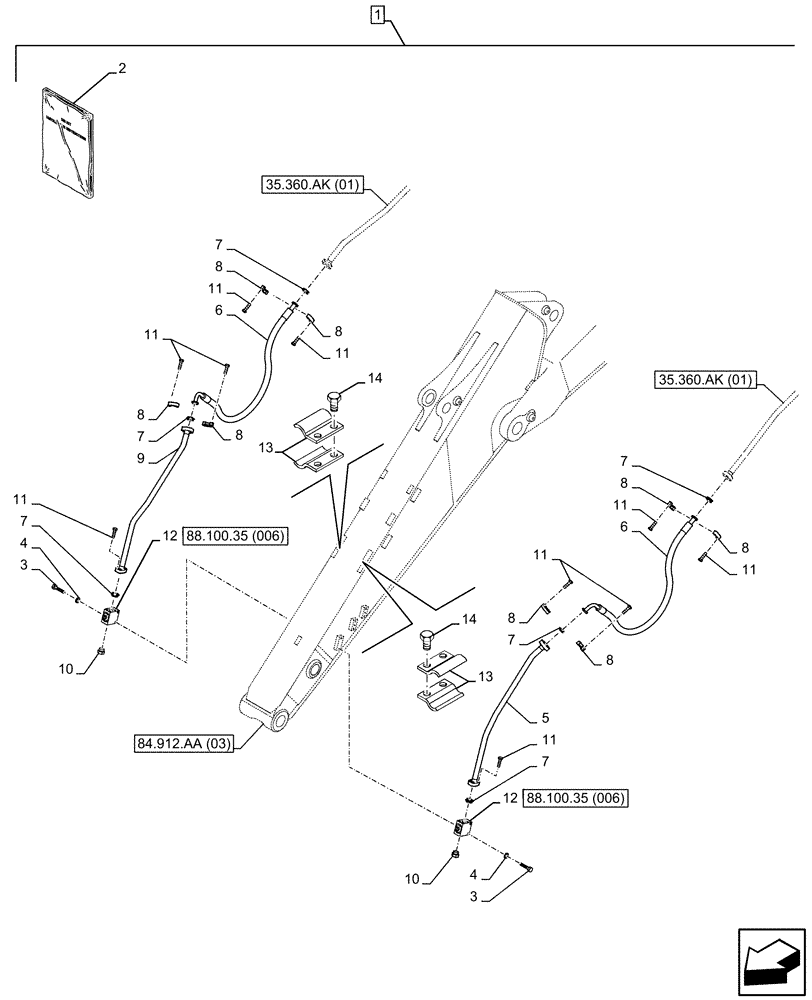 Схема запчастей Case CX300D LC - (88.100.35[005]) - DIA KIT, HAMMER CIRCUIT, SHEARS, HIGH FLOW, W/ ELECTRICAL PROPORTIONAL CONTROL, LINE, ARM (L=3.18M) (88) - ACCESSORIES