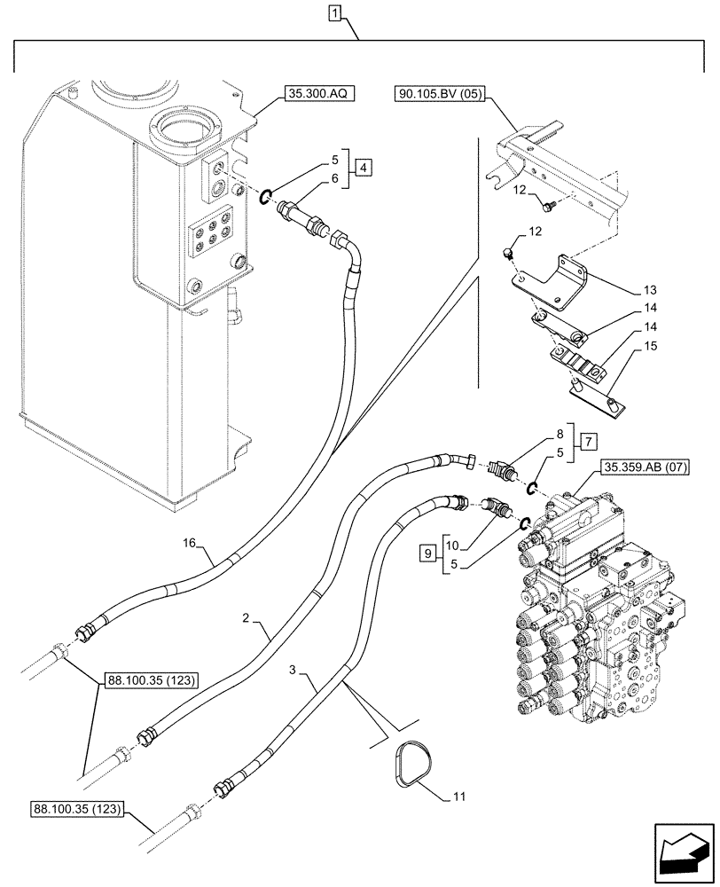 Схема запчастей Case CX130D - (88.100.35[119]) - DIA KIT, CLAMSHELL BUCKET, ROTATION, W/ ELECTRICAL PROPORTIONAL CONTROL, HYDRAULIC LINE (88) - ACCESSORIES