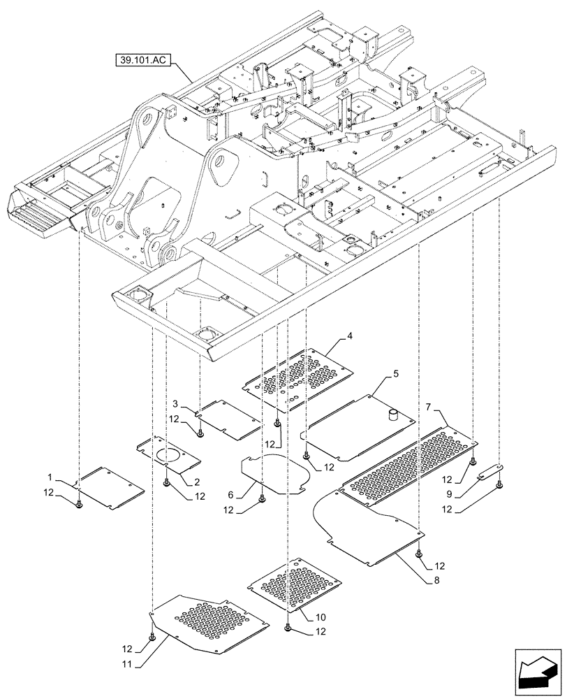 Схема запчастей Case CX210D NLC - (90.116.BE) - GUARD, FRAME, LOWER (90) - PLATFORM, CAB, BODYWORK AND DECALS