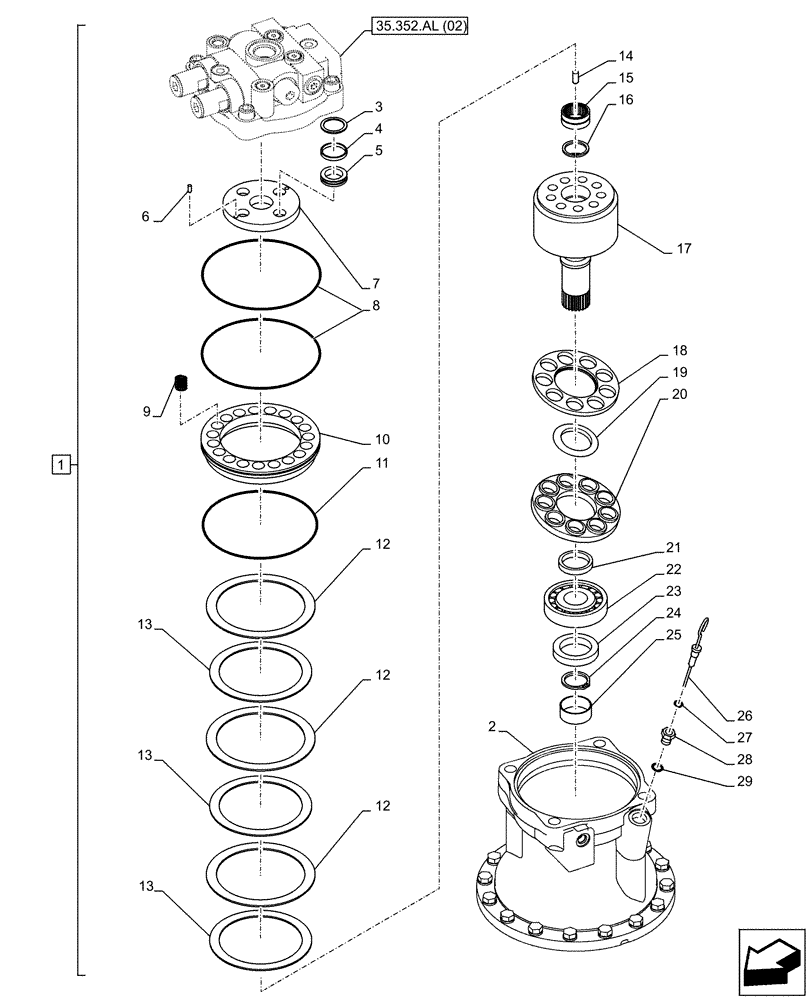 Схема запчастей Case CX210D LC - (35.352.AL[03]) - SWING REDUCTION UNIT, COMPONENTS (35) - HYDRAULIC SYSTEMS