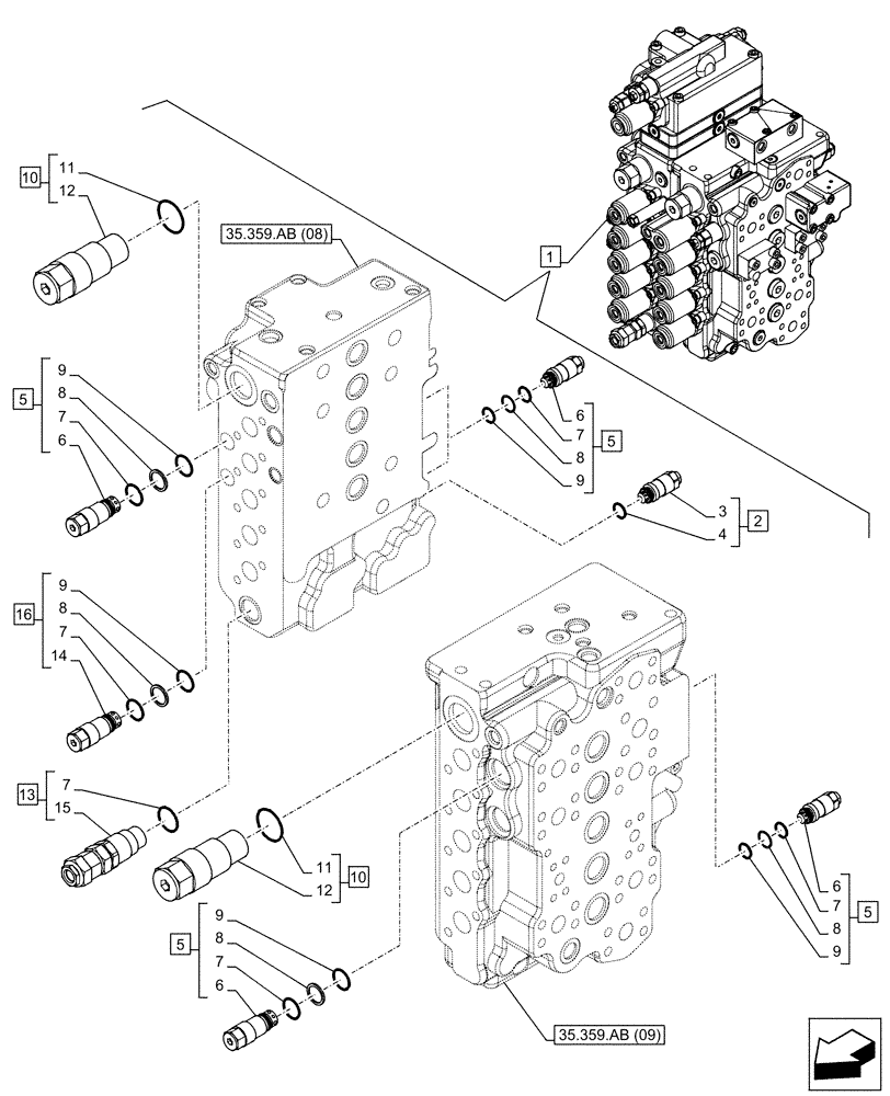 Схема запчастей Case CX130D LC - (35.359.AY[04]) - VAR - 461863 - RELIEF VALVE, CLAMSHELL BUCKET, ROTATION, W/ ELECTRICAL PROPORTIONAL CONTROL, COMPONENTS (35) - HYDRAULIC SYSTEMS