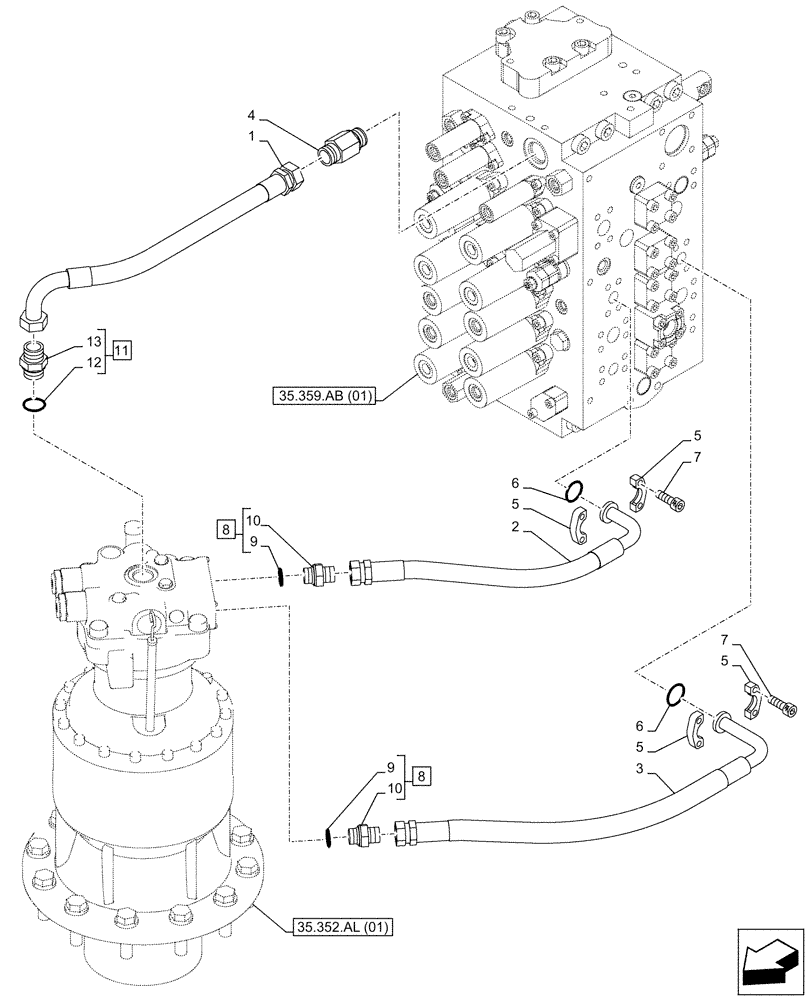 Схема запчастей Case CX210D NLC - (35.352.AI[02]) - MOTO-REDUCTION GEAR, LINES (35) - HYDRAULIC SYSTEMS