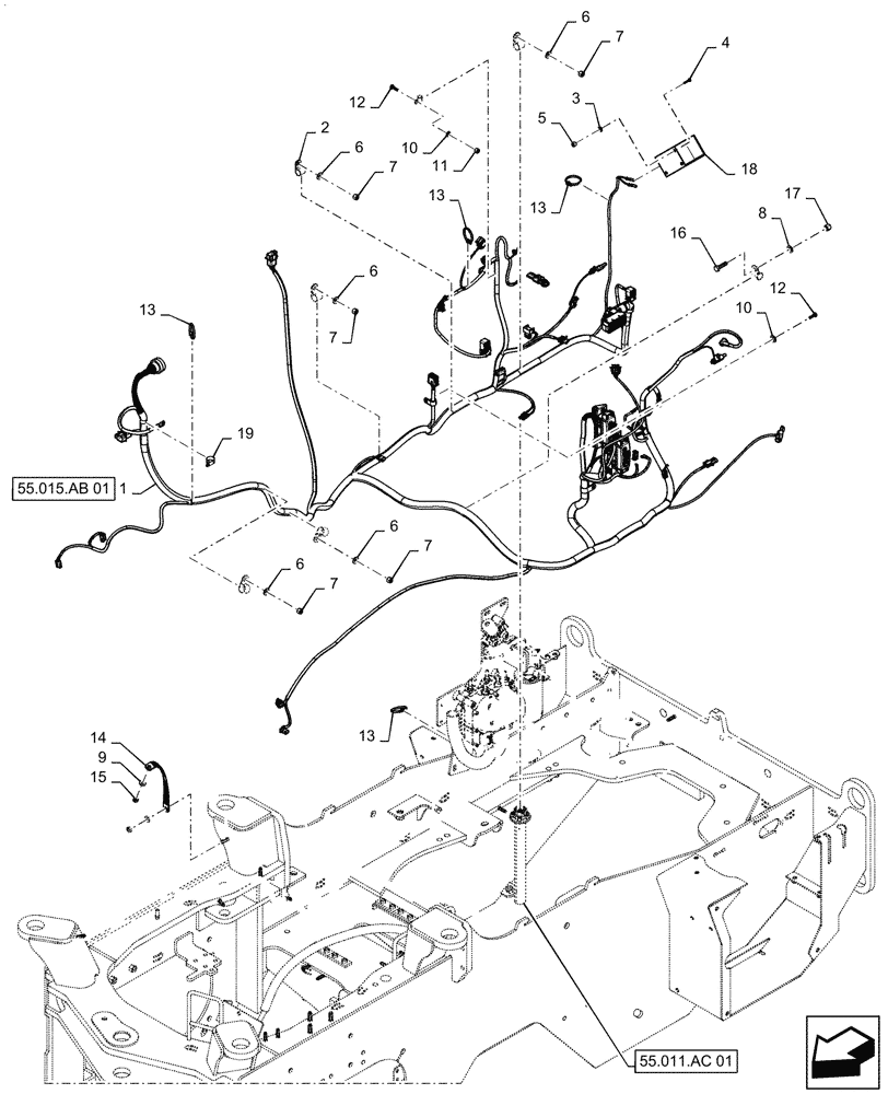 Схема запчастей Case 521F - (55.015.AB[04]) - ENGINE AND REAR FRAME HARNESS INSTALLATION (55) - ELECTRICAL SYSTEMS
