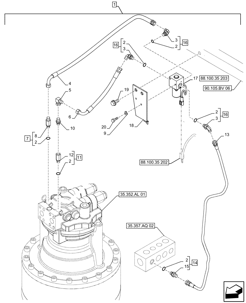 Схема запчастей Case CX490D LC - (88.100.35[201]) - DIA KIT, FREE SWING, MOTO-REDUCTION GEAR, LOCKOUT SOLENOID VALVE, LINE (88) - ACCESSORIES