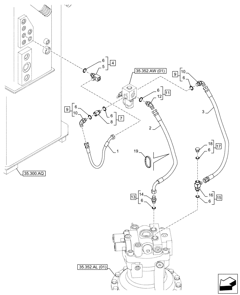Схема запчастей Case CX210D NLC - (35.352.AI[03]) - VAR - 461568 - MOTO-REDUCTION GEAR, LINES, FREE SWING (35) - HYDRAULIC SYSTEMS
