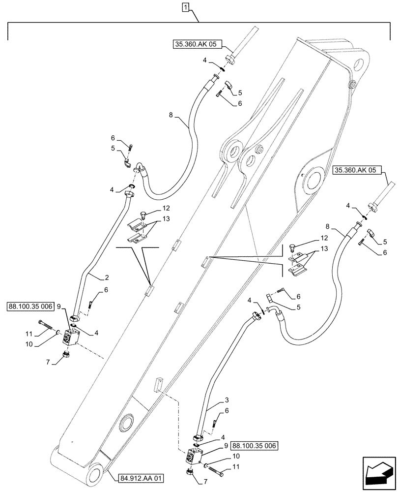 Схема запчастей Case CX490D RTC - (88.100.35[005]) - DIA KIT, HAMMER CIRCUIT, SHEARS, HIGH FLOW, W/ ELECTRICAL PROPORTIONAL CONTROL, LINE, ARM (L=3.4M) (88) - ACCESSORIES