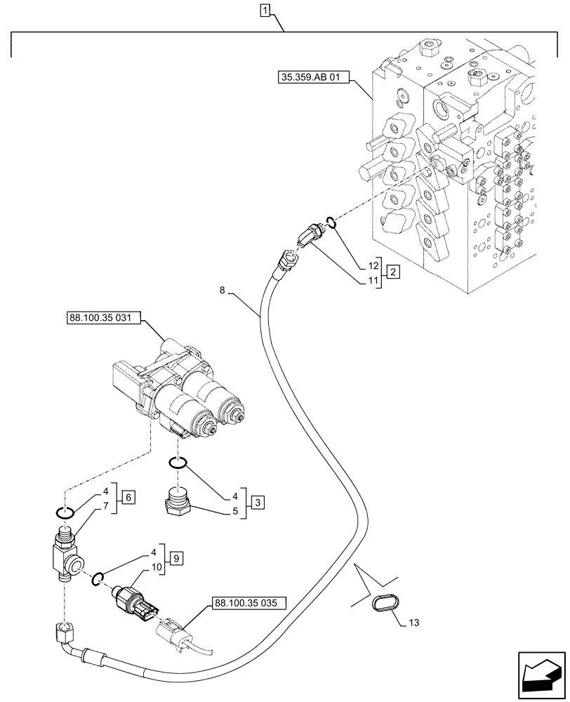 Схема запчастей Case CX500D LC - (88.100.35[034]) - DIA KIT, HAMMER CIRCUIT, W/ ELECTRICAL PROPORTIONAL CONTROL, SOLENOID VALVE, LINE, PRESSURE RELIEF VALVE, SENSOR (88) - ACCESSORIES