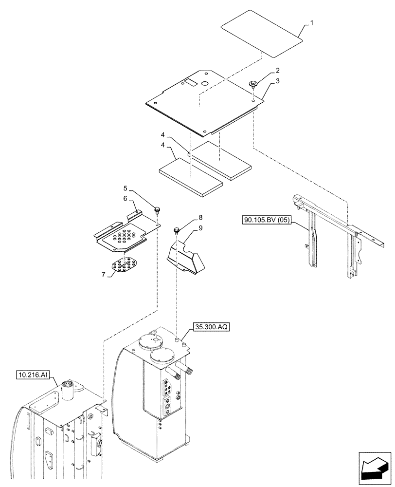 Схема запчастей Case CX210D NLC - (90.105.BV[10]) - STD + VAR - 488031 - TOP COVER, PLATE (90) - PLATFORM, CAB, BODYWORK AND DECALS