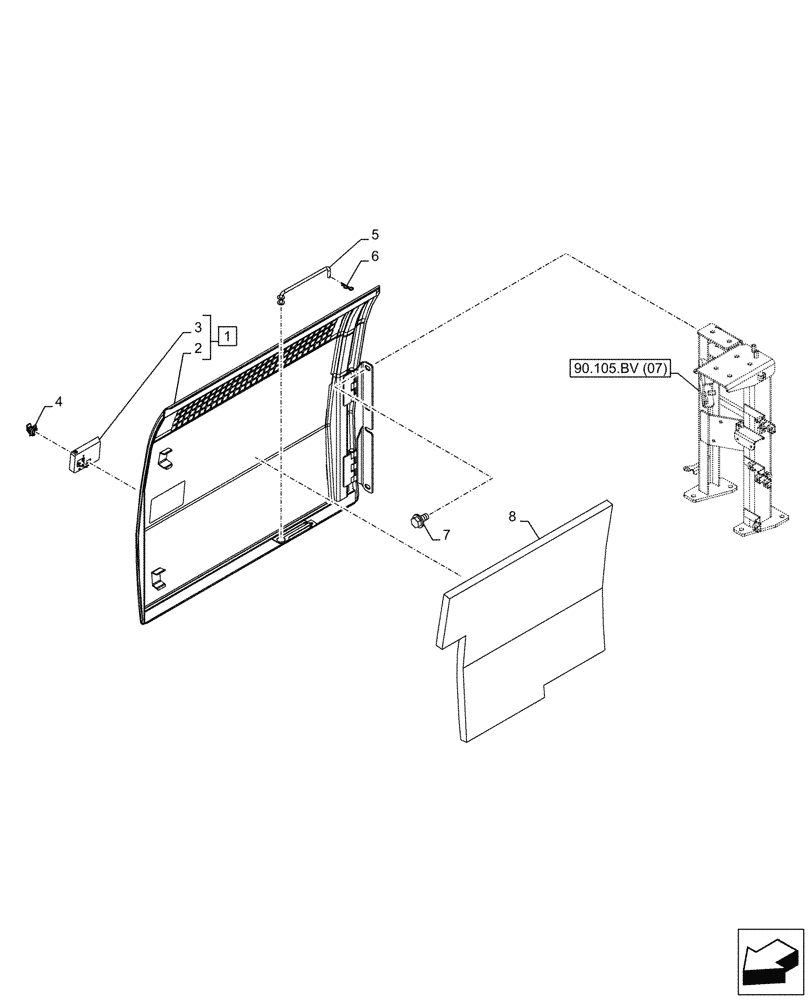 Схема запчастей Case CX210D NLC - (90.105.CO[02]) - STD + VAR - 488031 - SIDE DOOR, RIGHT (90) - PLATFORM, CAB, BODYWORK AND DECALS