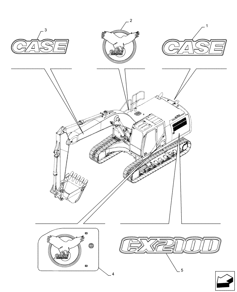 Схема запчастей Case CX210D NLC - (90.108.AB[01]) - MODEL IDENTIFICATION DECAL (90) - PLATFORM, CAB, BODYWORK AND DECALS