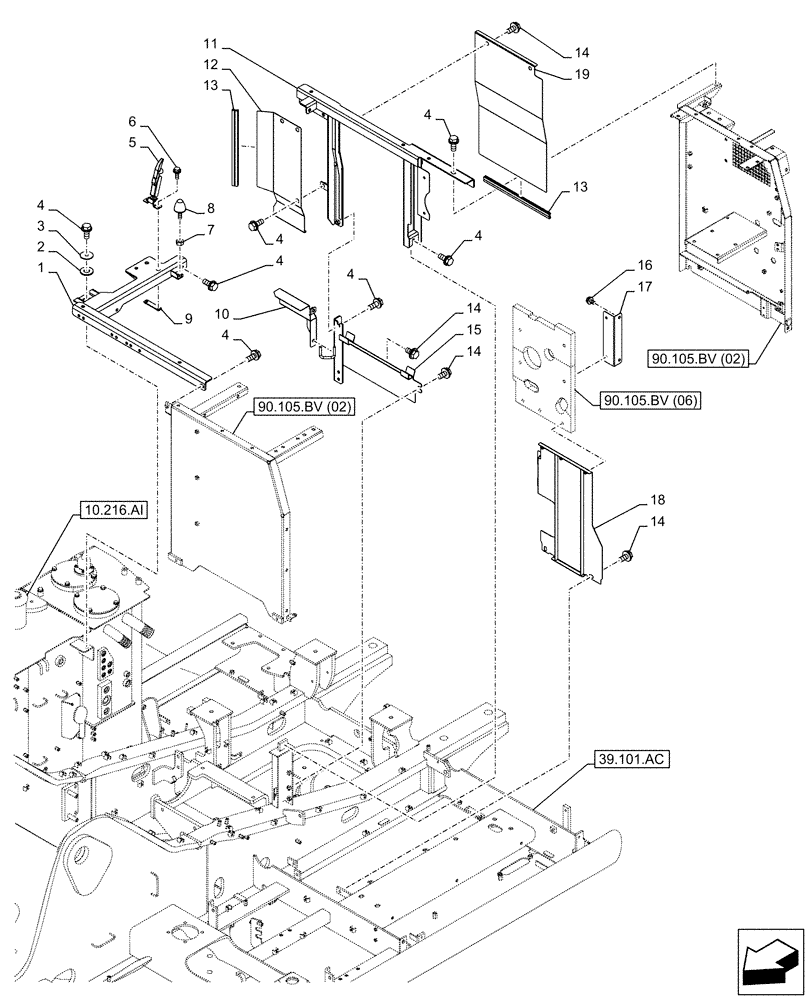 Схема запчастей Case CX210D NLC - (90.105.BV[05]) - STD + VAR - 488031 - HOUSING & COVERS (90) - PLATFORM, CAB, BODYWORK AND DECALS