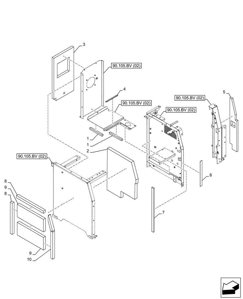 Схема запчастей Case CX210D NLC - (90.105.BV[04]) - STD + VAR - 488031 - HOUSING & COVERS, INSULATION (90) - PLATFORM, CAB, BODYWORK AND DECALS