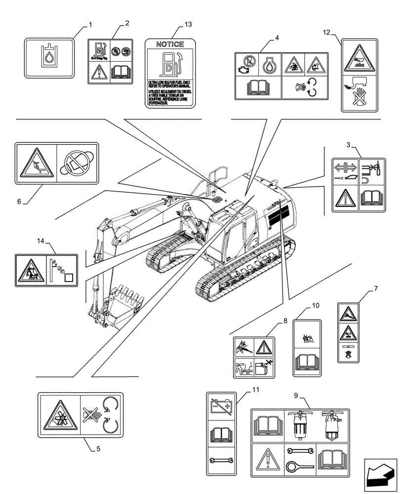 Схема запчастей Case CX210D NLC - (90.108.AC[04]) - WARNING DECAL (90) - PLATFORM, CAB, BODYWORK AND DECALS