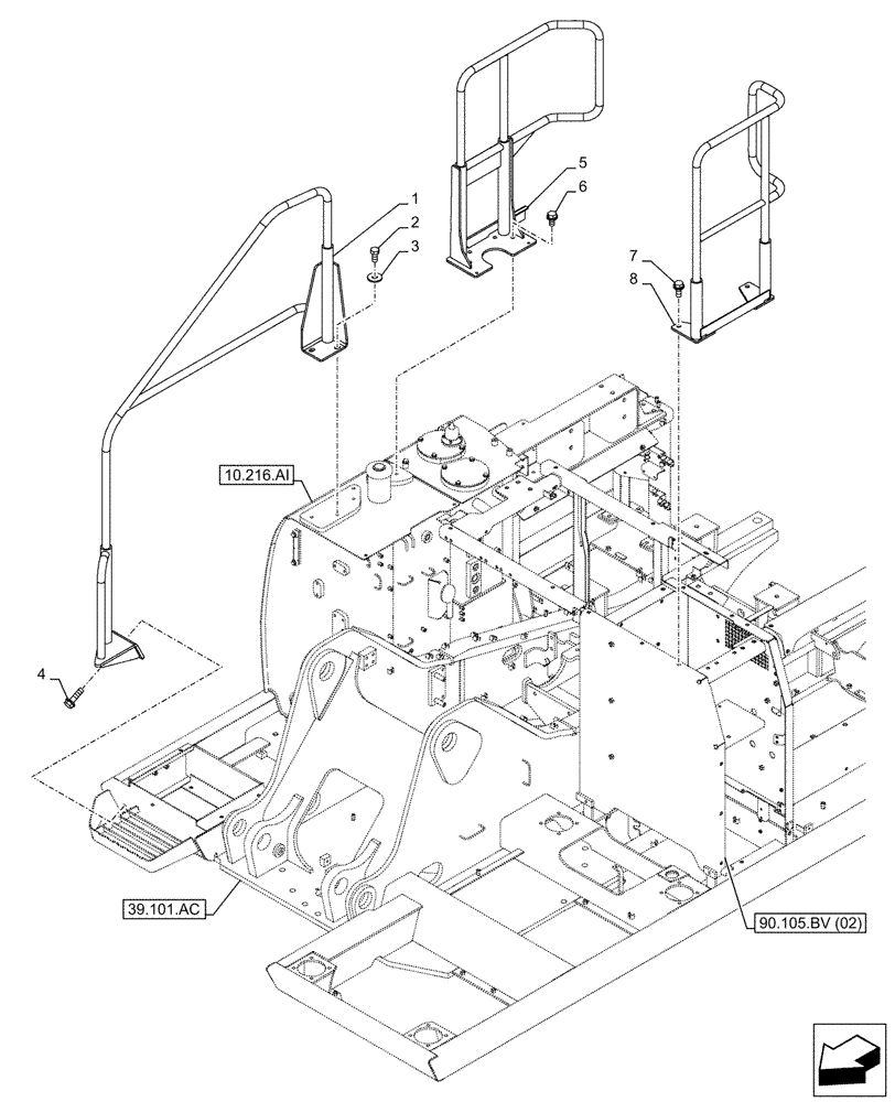 Схема запчастей Case CX210D NLC - (90.118.AX[02]) - STD + VAR - 461569, 488031 - HANDRAIL (90) - PLATFORM, CAB, BODYWORK AND DECALS
