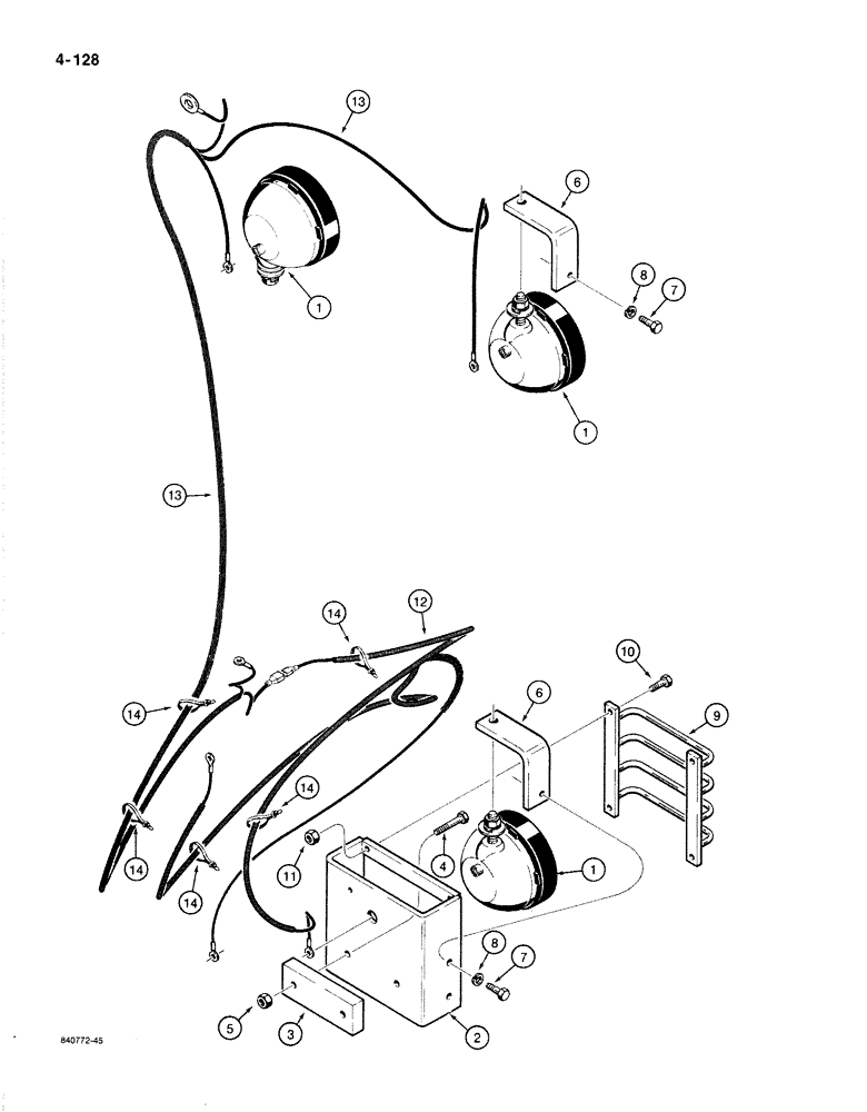Схема запчастей Case 1187B - (4-128) - WORK LAMPS, ELECTRICAL CIRCUIT AND MOUNTING PARTS (04) - ELECTRICAL SYSTEMS