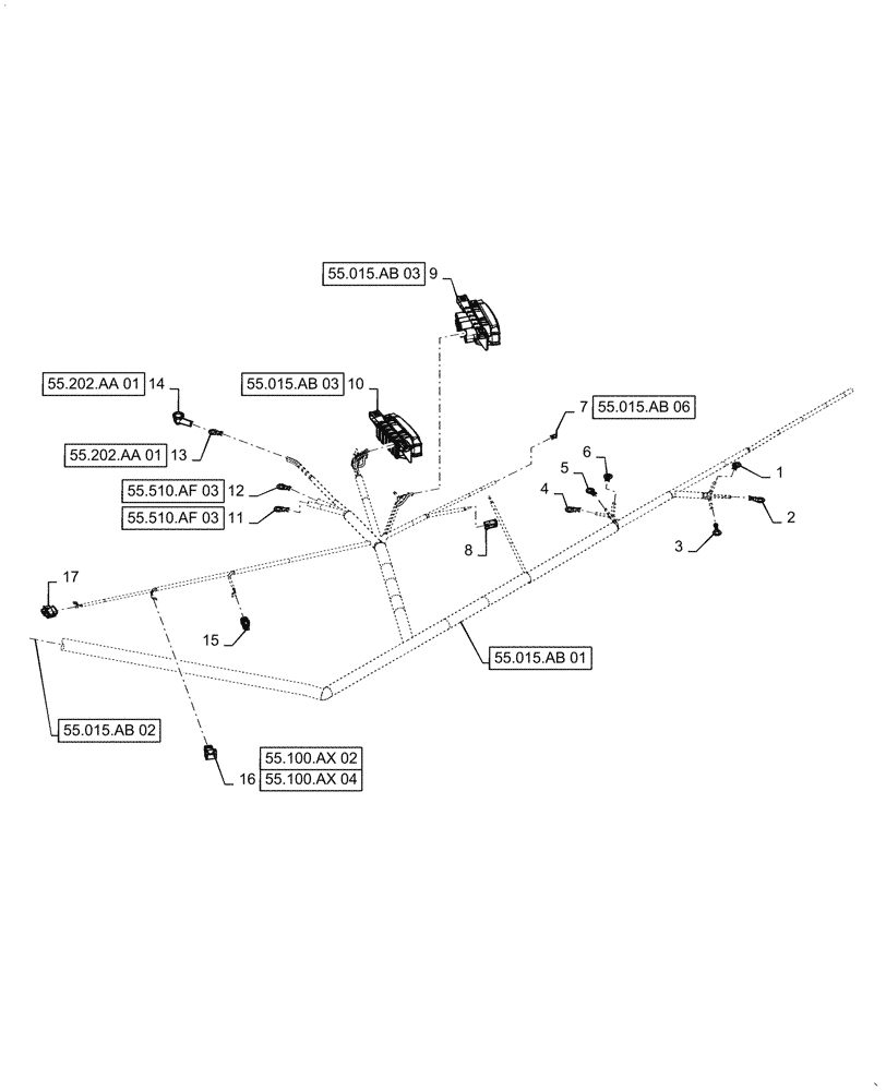 Схема запчастей Case 521F - (55.015.AB[01]) - ENGINE AND REAR FRAME WIRE HARNESS (55) - ELECTRICAL SYSTEMS