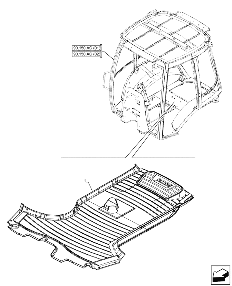 Схема запчастей Case 580SN - (90.150.AW[02]) - VAR - 747853, 747854, 747855 - CAB, FLOOR MAT, CARDBOARD (90) - PLATFORM, CAB, BODYWORK AND DECALS