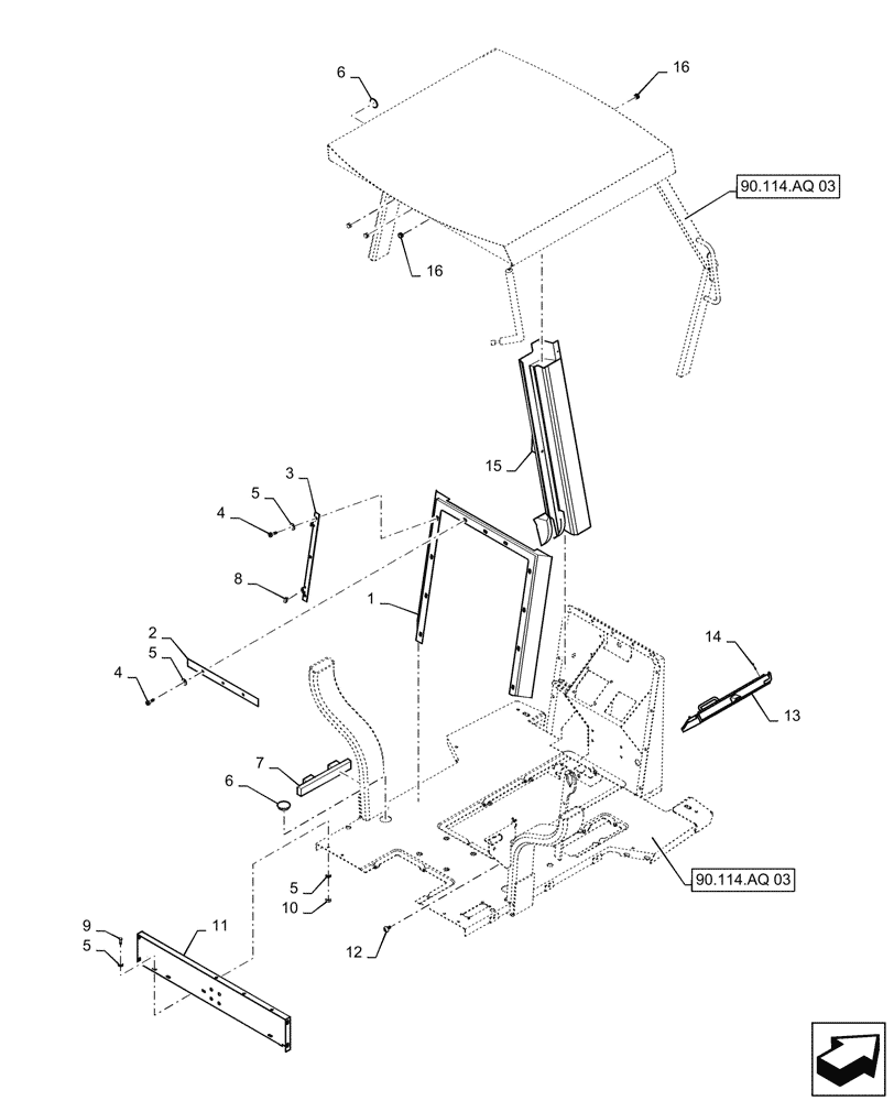 Схема запчастей Case 570N EP - (90.114.AQ[04]) - CANOPY, TALL ROPS (90) - PLATFORM, CAB, BODYWORK AND DECALS