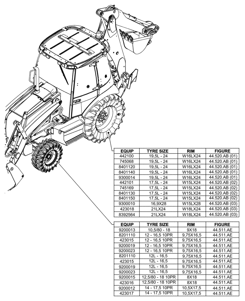 Схема запчастей Case 580SN WT - (44.000.00) - SECTION INDEX - WHEELS 4WD (44) - WHEELS