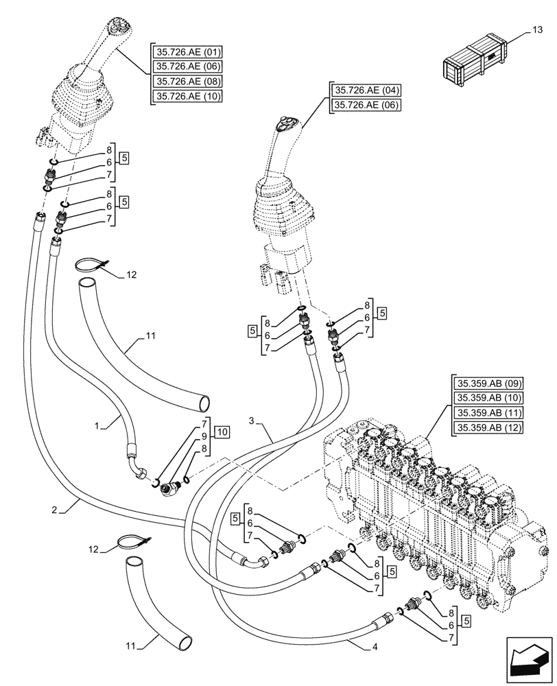 Схема запчастей Case 580SN - (35.357.AK[01]) - VAR - 423078, 747669 - PILOT CONTROLS, JOYSTICK, LINE (35) - HYDRAULIC SYSTEMS