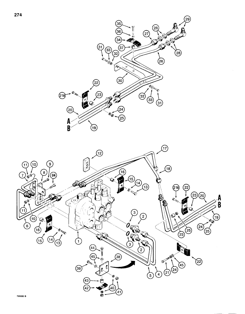 Схема запчастей Case 1155D - (274) - TILT HYDRAULIC CIRCUIT - TILT DOZER MODELS, CONTROL VALVE TO GRILLE (08) - HYDRAULICS