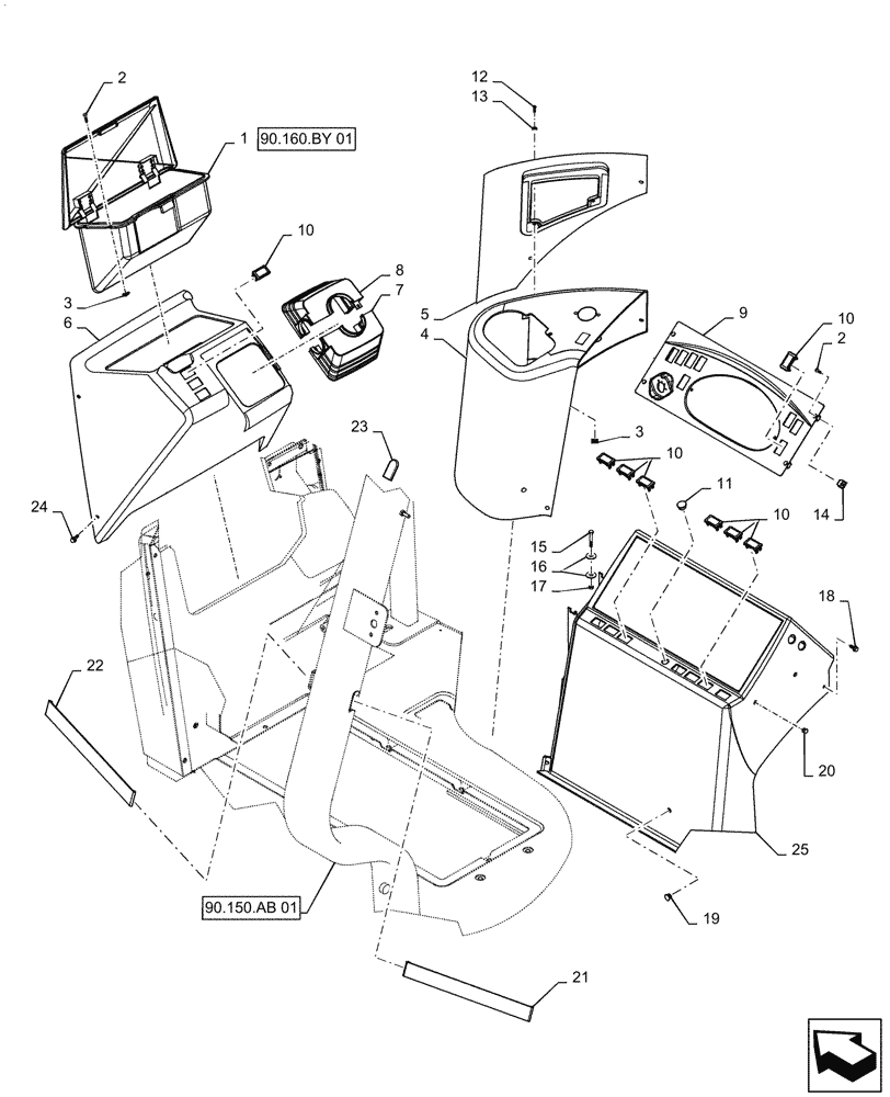 Схема запчастей Case 570N EP - (90.160.BY[01]) - CAB CONSOLE COMPONENTS (90) - PLATFORM, CAB, BODYWORK AND DECALS