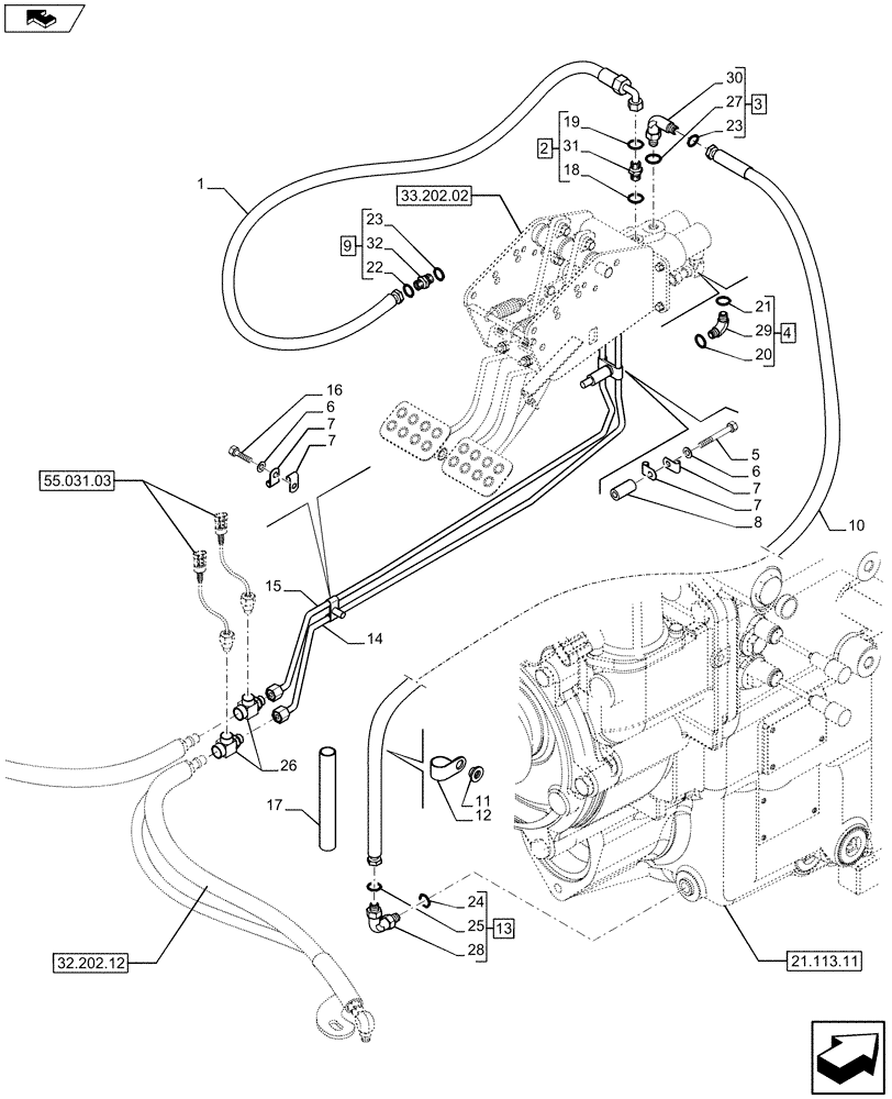 Схема запчастей Case 580SN - (33.202.04) - BRAKE LINE, PEDAL (33) - BRAKES & CONTROLS