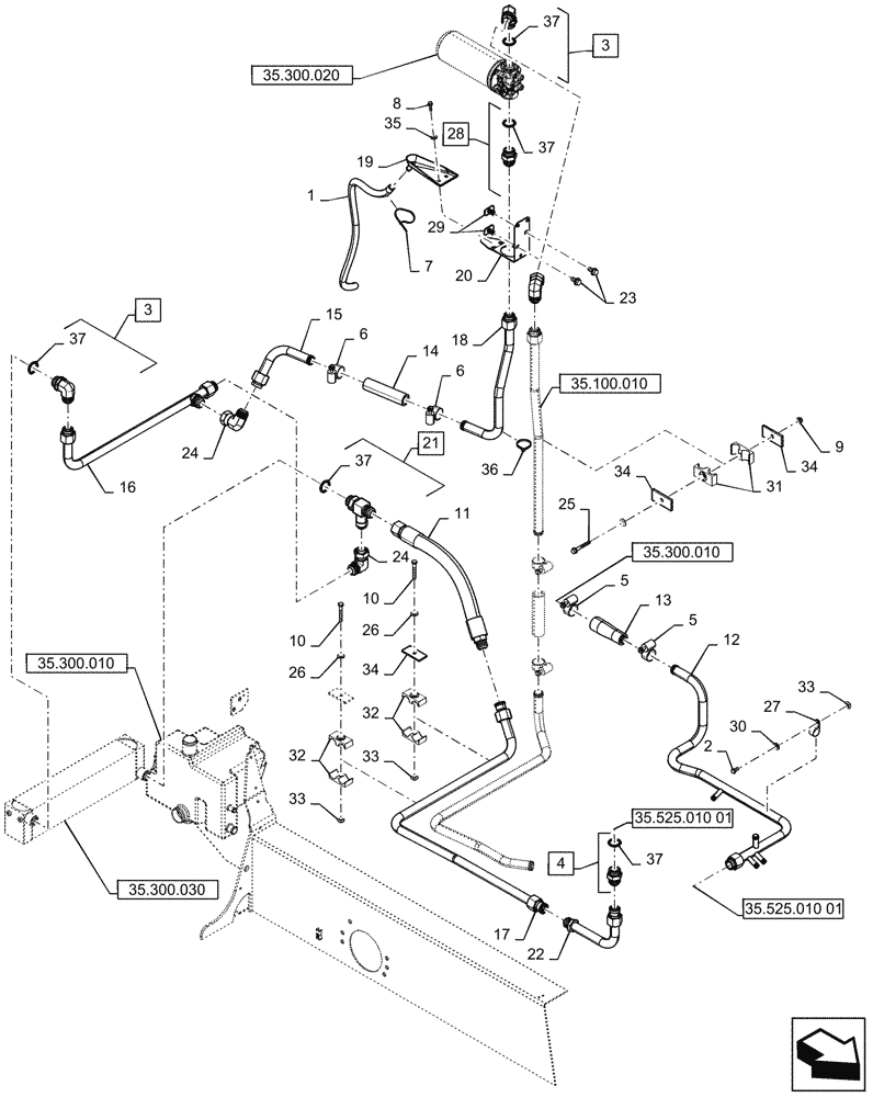 Схема запчастей Case TV380 - (35.100.020) - RETURN HYDRAULIC LINES (35) - HYDRAULIC SYSTEMS