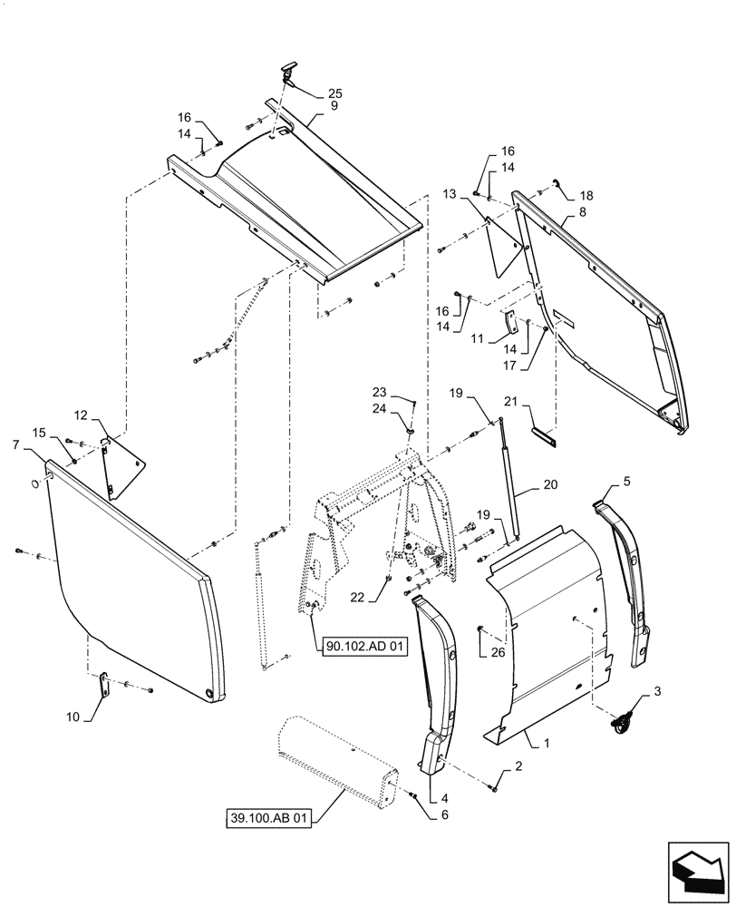Схема запчастей Case 570N EP - (90.100.AU[01]) - HOOD PANELS (90) - PLATFORM, CAB, BODYWORK AND DECALS
