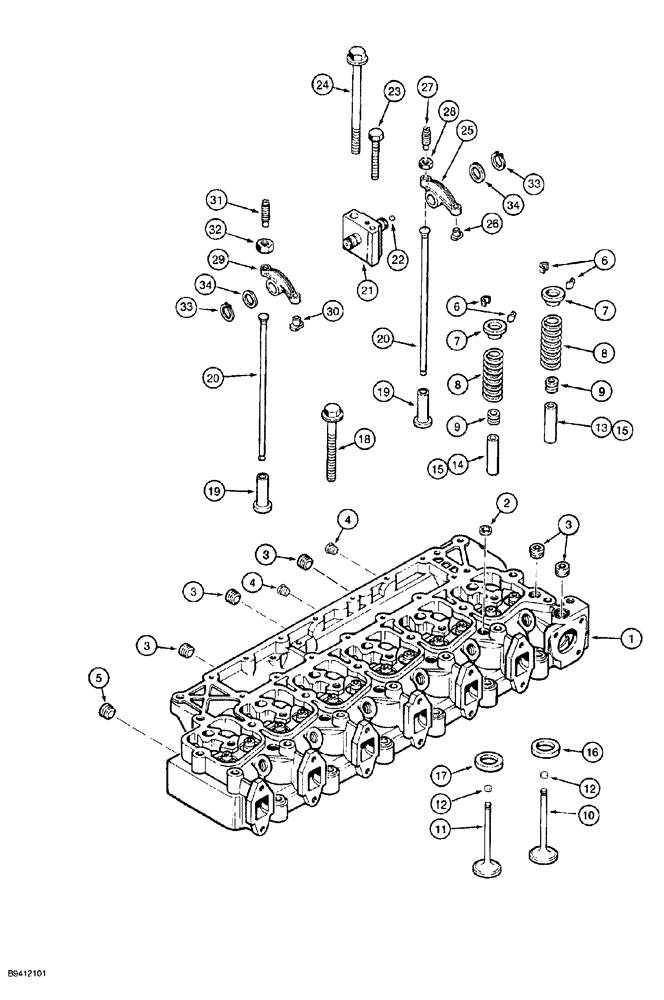 Схема запчастей Case 1150G - (2-034) - CYLINDER HEAD AND VALVE MECHANISM, 6T-590 ENGINE, PRIOR TO JJG0218023 AND JJG0218024 - JJG0218478 (01) - ENGINE