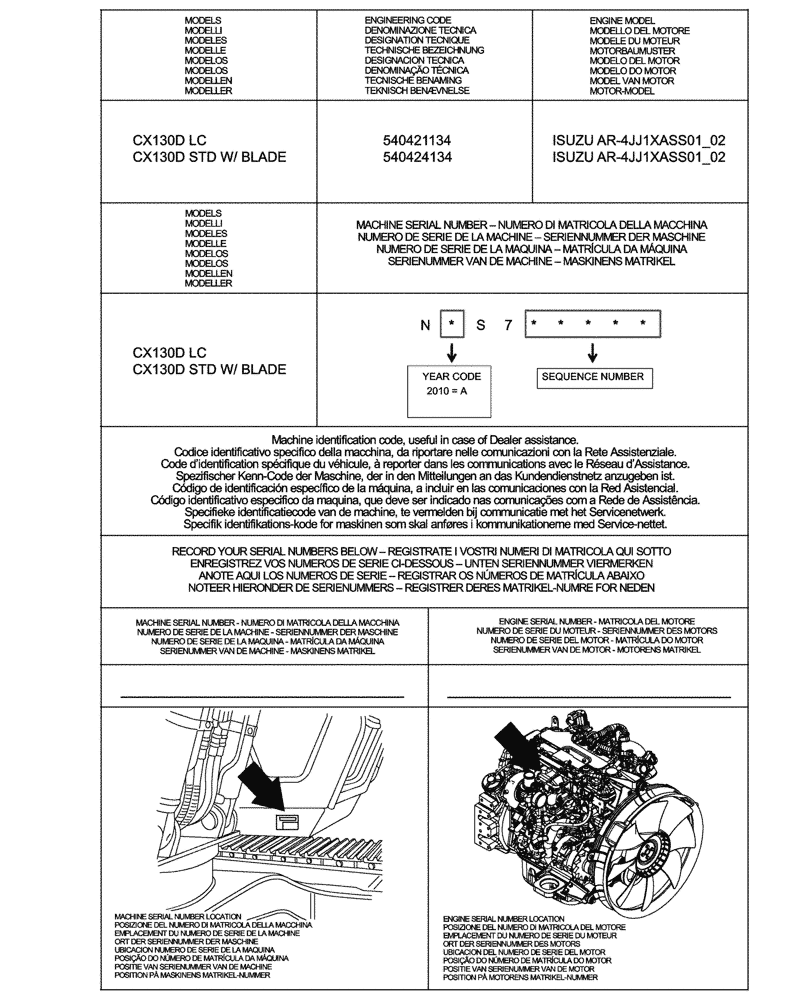 Схема запчастей Case CX130D LC - (00.100.01) - IDENTIFICATION PLATES AND VERSION LIST (00) - GENERAL & PICTORIAL INDEX