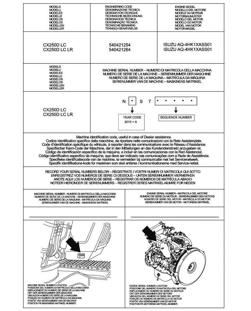 Схема запчастей Case CX250D LC - (00.100.01) - IDENTIFICATION PLATES AND VERSION LIST (00) - GENERAL & PICTORIAL INDEX