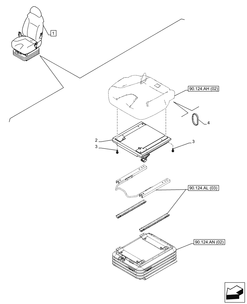 Схема запчастей Case CX250D LC LR - (90.124.AO) - VAR - 488035 - SEAT, AIR SUSPENSION, HANDLE (90) - PLATFORM, CAB, BODYWORK AND DECALS