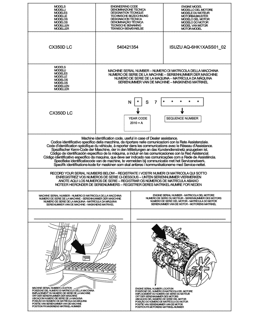 Схема запчастей Case CX350D LC - (00.100.01) - IDENTIFICATION PLATES AND VERSION LIST (00) - GENERAL & PICTORIAL INDEX
