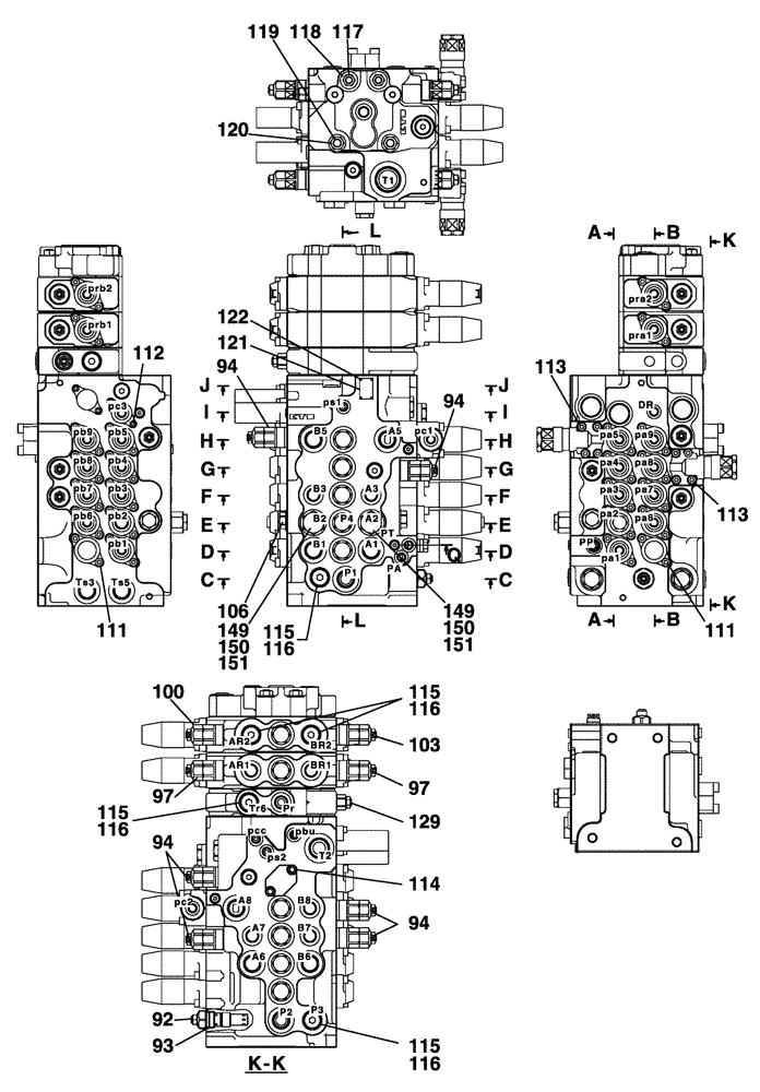 Схема запчастей Case CX135SR - (08-123) - CONTROL VALVE - MONOBLOCK BOOM, OFFSET BACKHOE BOOM - WITH DOZER BLADE (08) - HYDRAULICS