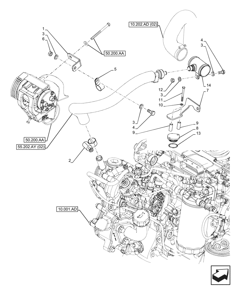 Схема запчастей Case 121F - (10.202.AD[05]) - VAR - 402110 - AIR INLET HEATER, LINES, W/ AIR CONDITIONING (10) - ENGINE