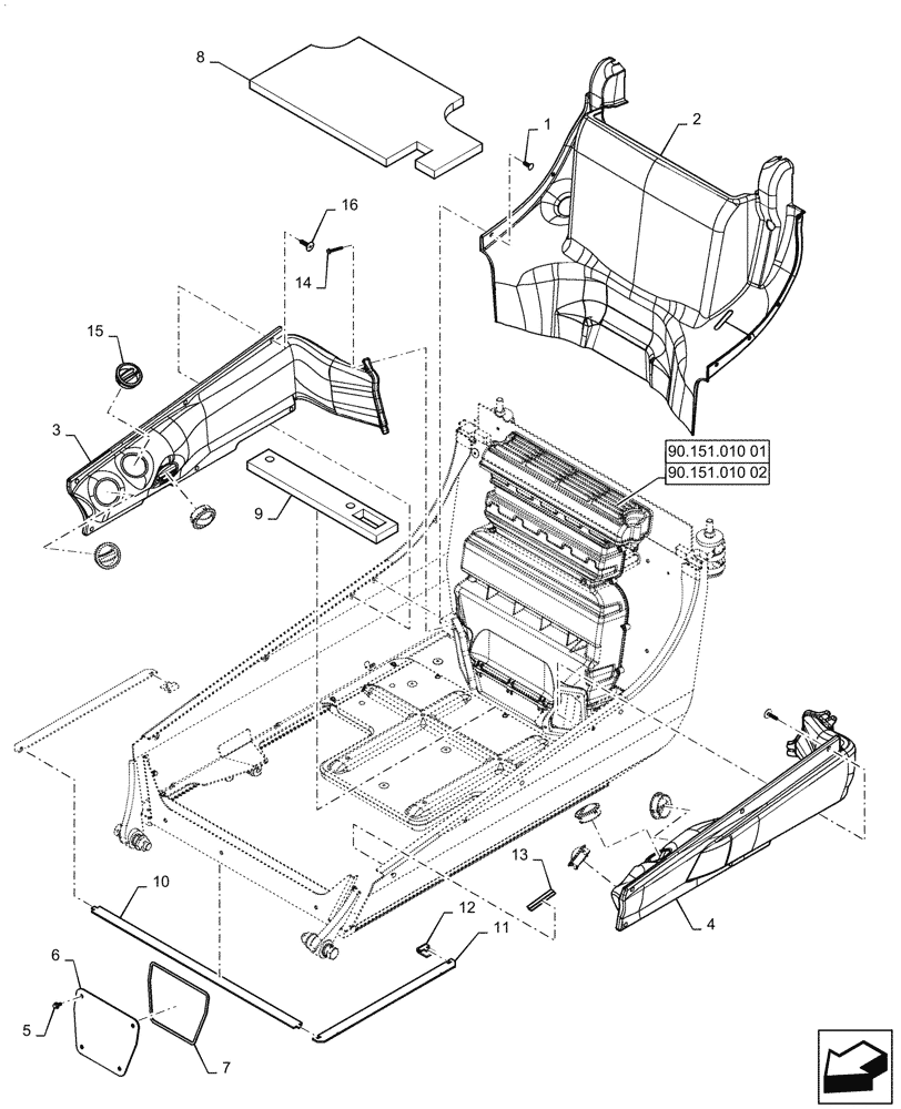 Схема запчастей Case TR340 - (90.160.020[02]) - ENCLOSED CAB INTERIOR TRIM (90) - PLATFORM, CAB, BODYWORK AND DECALS