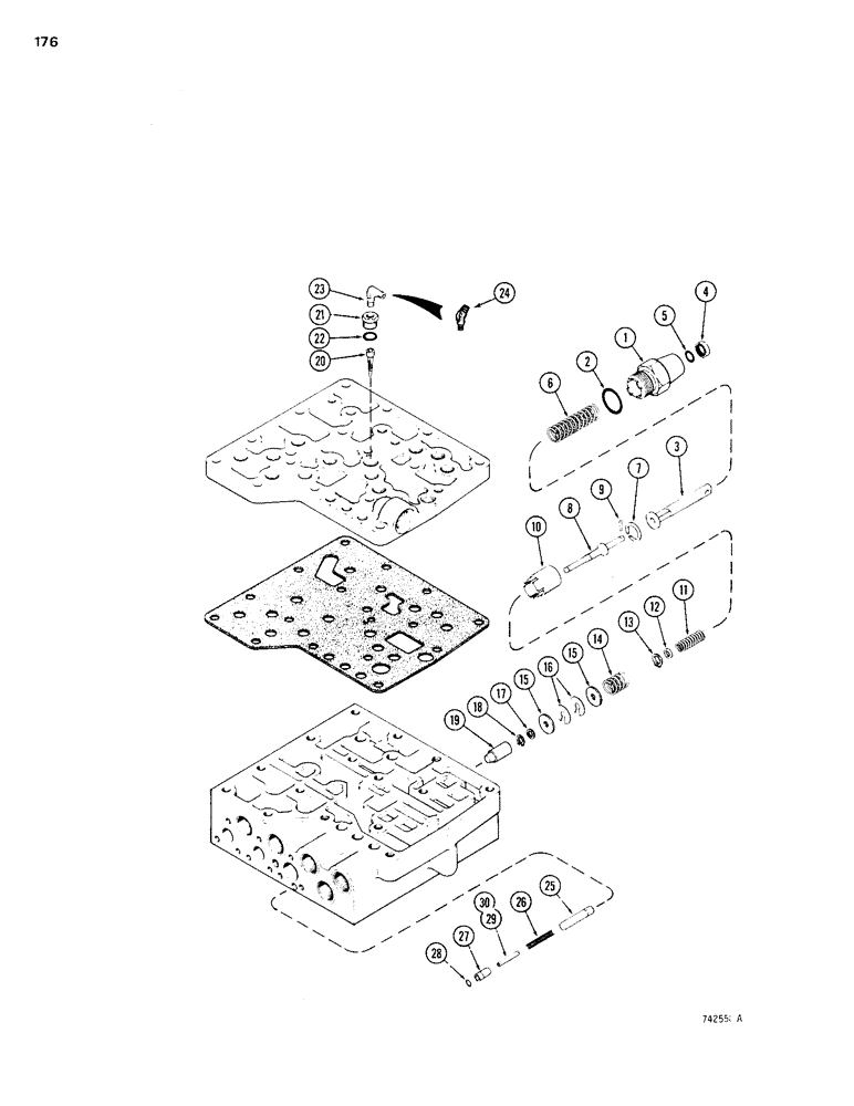 Схема запчастей Case 1150B - (176) - TRANS. CONTROL VALVE, A140795 MODULATOR VALVE ADJUSTING PLUG (ITEM) IS A SINGLE, FORMED PIECE (03) - TRANSMISSION