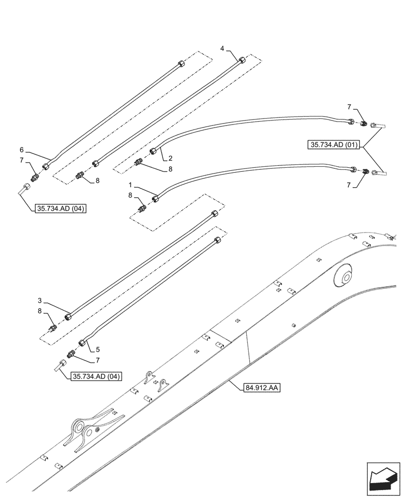 Схема запчастей Case CX250D LC LR - (35.734.AD[03]) - VAR - 781128 - QUICK COUPLER, HYDRAULIC LINE, BOOM (L=10.3M) (35) - HYDRAULIC SYSTEMS
