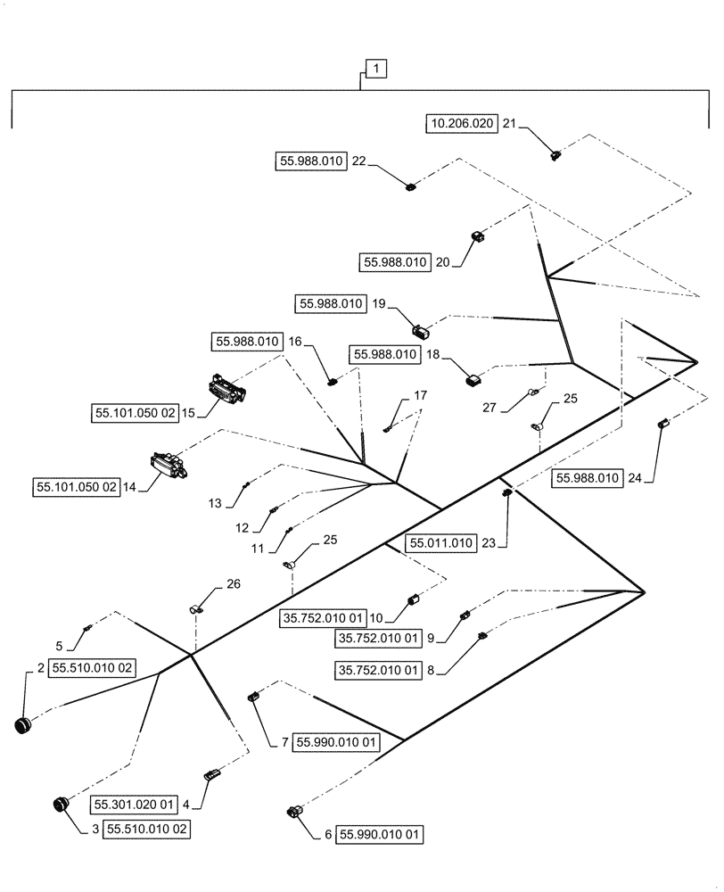 Схема запчастей Case 821G - (55.101.050[01]) - ENGINE AND REAR CHASSIS HARNESS ASSEMBLY (55) - ELECTRICAL SYSTEMS
