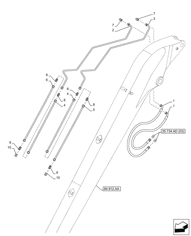 Схема запчастей Case CX250D LC LR - (35.734.AD[04]) - VAR - 781128 - QUICK COUPLER, HYDRAULIC LINE, ARM (L=8M) (35) - HYDRAULIC SYSTEMS
