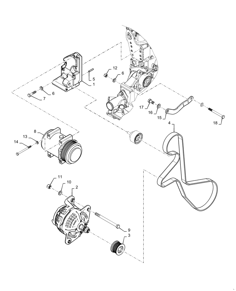 Схема запчастей Case 921G - (55.301.020[01]) - VAR - 782440 - ALTERNATOR PULLEY, BELT AND BRACKET INSTALLATION, W/ A/C (55) - ELECTRICAL SYSTEMS