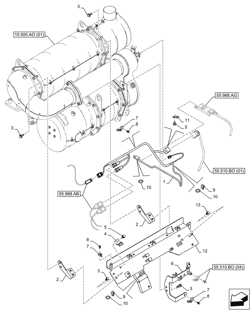 Схема запчастей Case CX250D LC LR - (55.510.BO[08]) - SELECTIVE CATALYTIC REDUCTION, MUFFLER, WIRE HARNESS - BSN NGS7M1171 (55) - ELECTRICAL SYSTEMS