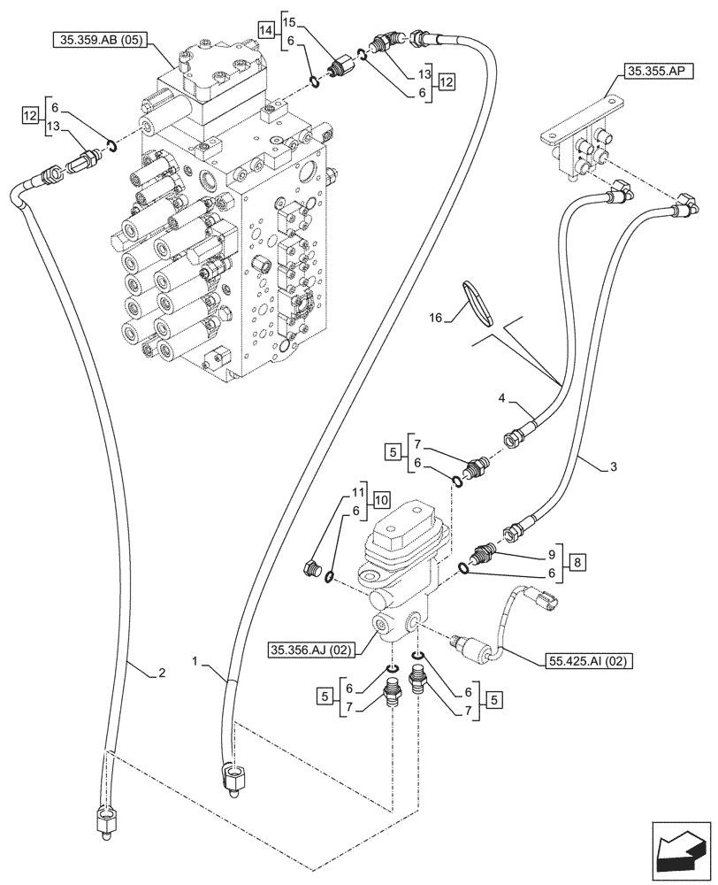 Схема запчастей Case CX250D LC LR - (35.360.AF[03]) - VAR - 461863 - HYDRAULIC LINE, CLAMSHELL BUCKET, ROTATION, W/ ELECTRICAL PROPORTIONAL CONTROL (35) - HYDRAULIC SYSTEMS