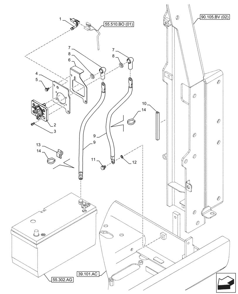 Схема запчастей Case CX250D LC LR - (55.302.AI[02]) - BATTERY ISOLATOR, SWITCH - ASN NGS7M1172 (55) - ELECTRICAL SYSTEMS