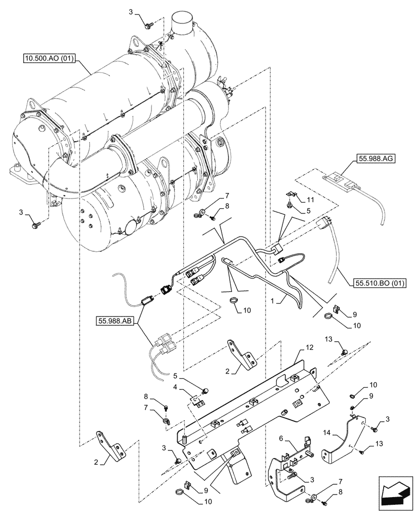 Схема запчастей Case CX250D LC LR - (55.510.BO[10]) - SELECTIVE CATALYTIC REDUCTION, MUFFLER, WIRE HARNESS - ASN NGS7M1172 (55) - ELECTRICAL SYSTEMS