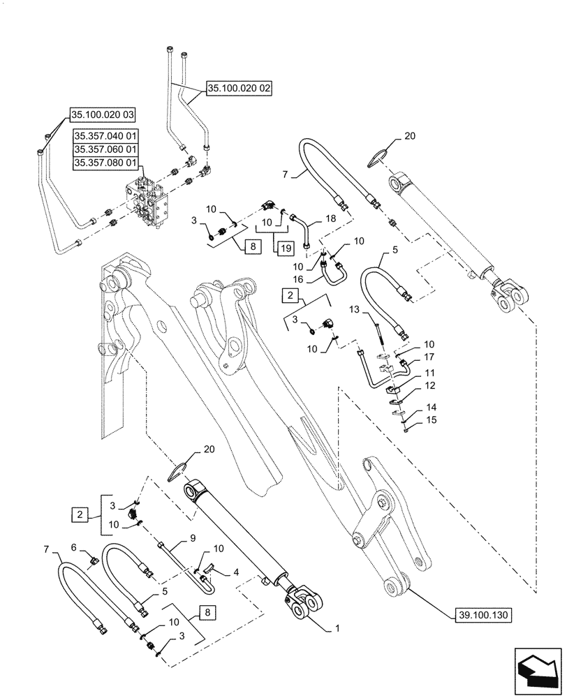 Схема запчастей Case 721G - (35.100.020[02]) - TILT CYLINDER INSTALLATION - XT RIGHT SIDE (35) - HYDRAULIC SYSTEMS