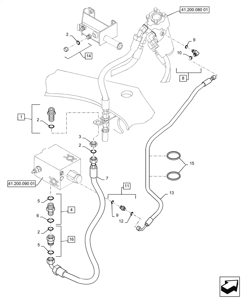 Схема запчастей Case 721G - (41.200.010[01]) - VAR - 782441, 482930 - STANDARD STEERING HYDRAULIC LINES (41) - STEERING