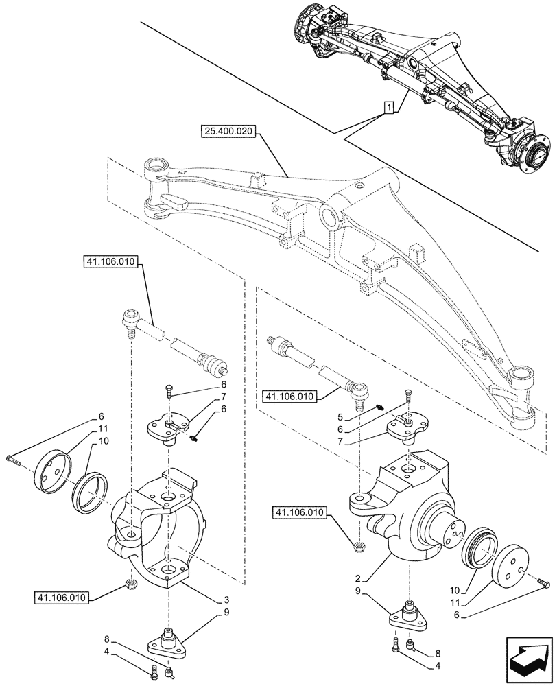 Схема запчастей Case 580N - (25.400.030) - FRONT AXLE, STEERING KNUCKLE, 2WD (25) - FRONT AXLE SYSTEM